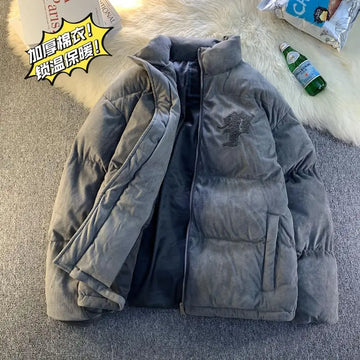 American winter street style men and women trendy personalized stand up collar thick jacket for couples loose casual Harajuku